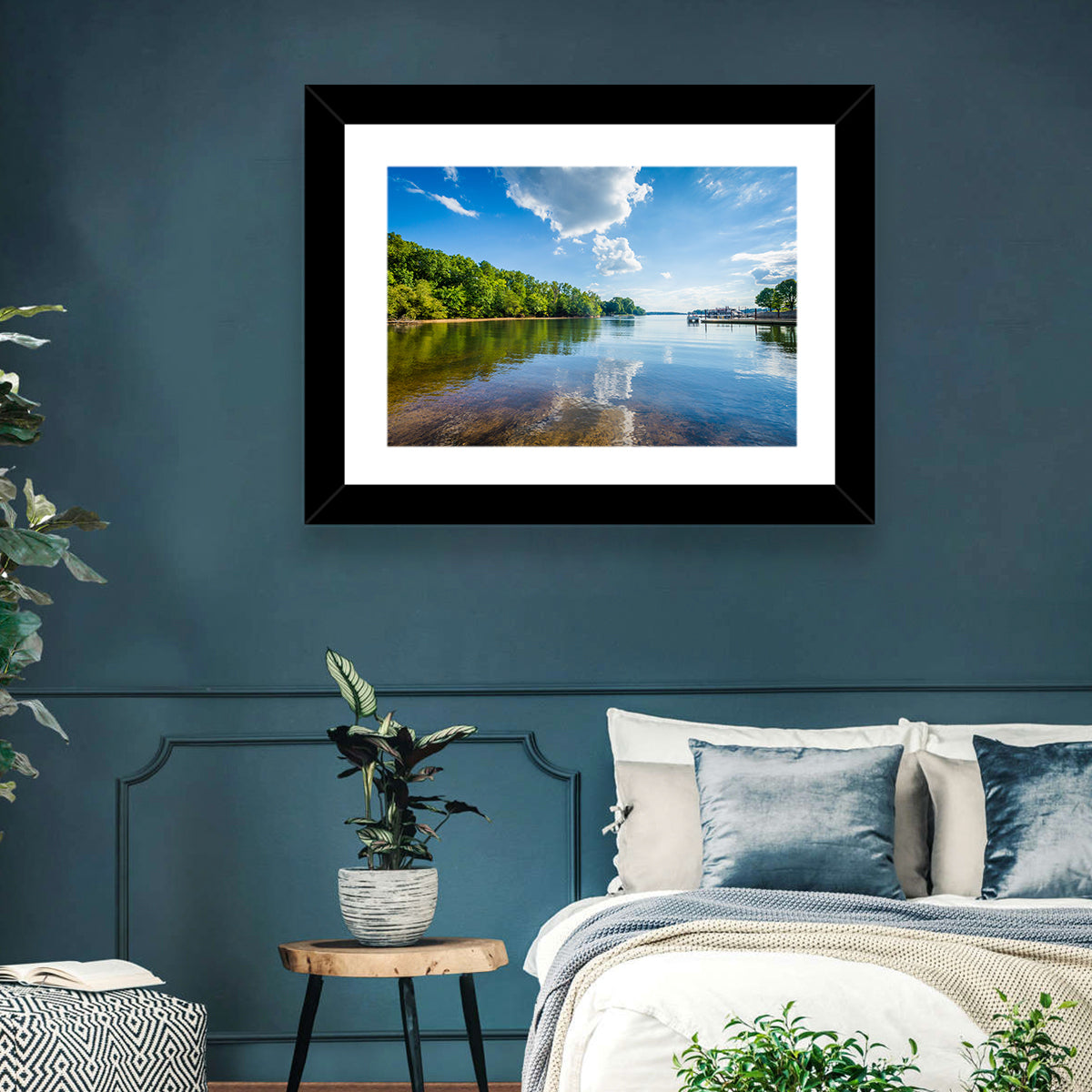 Lake Norman Dockside Reflection Wall Art in a room, landscape