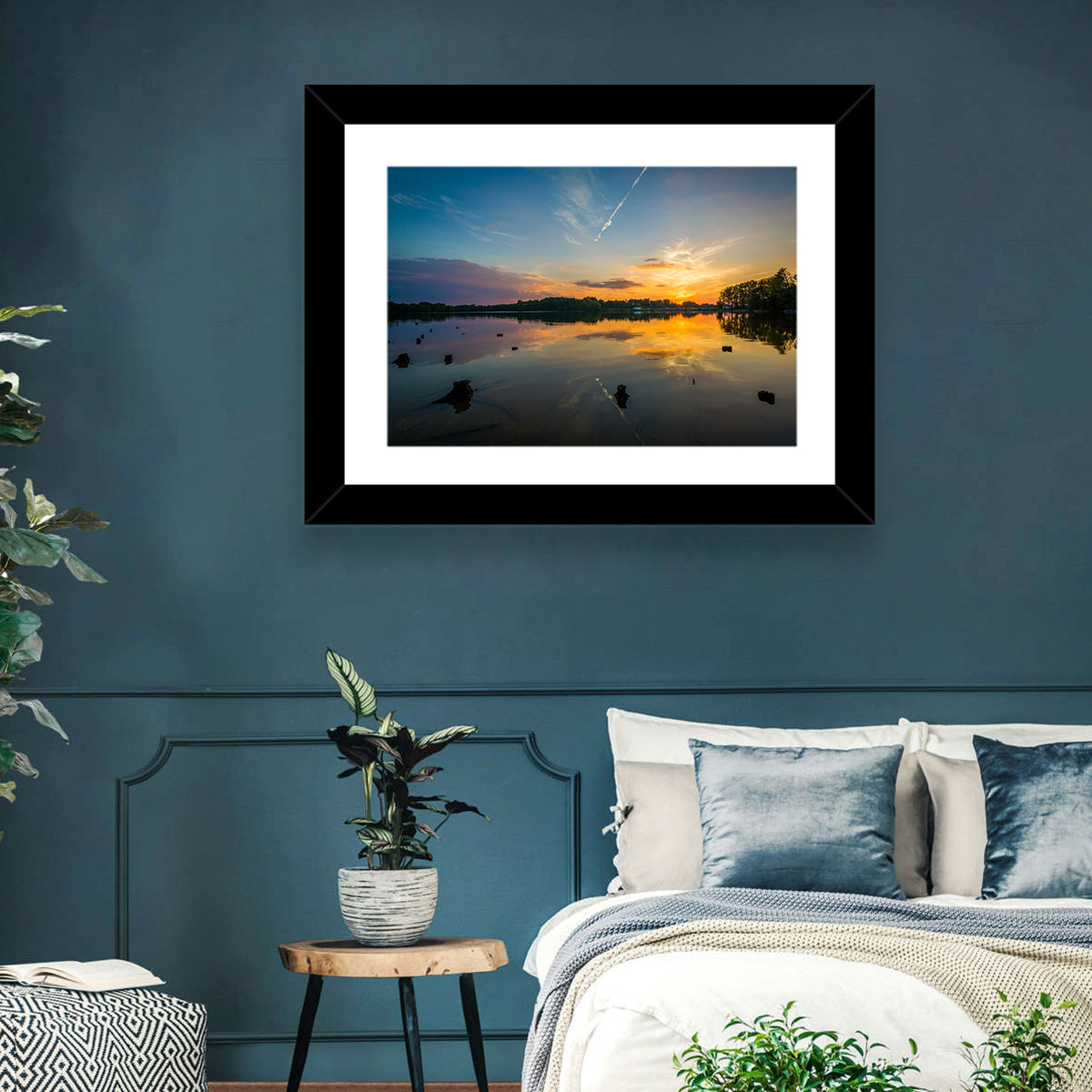 Lake Norman Sunset Reflection Wall Art in a room, landscape