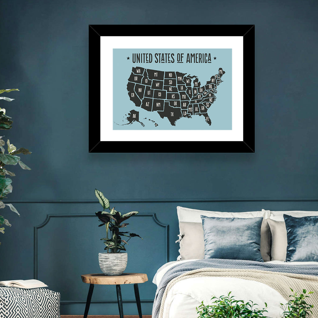 Minimalist USA Map with State Abbreviations Wall Art