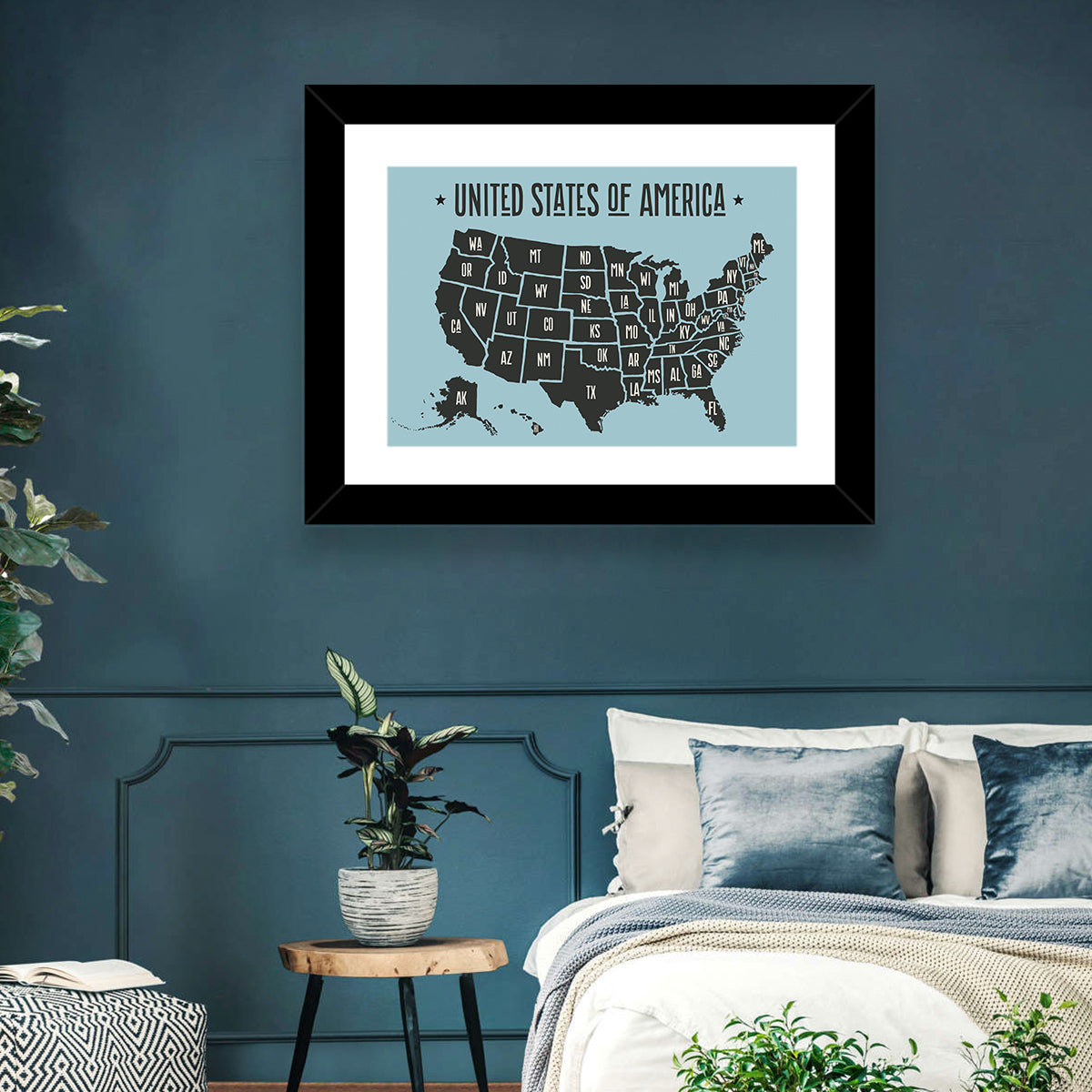 Minimalist USA Map with State Abbreviations Wall Art