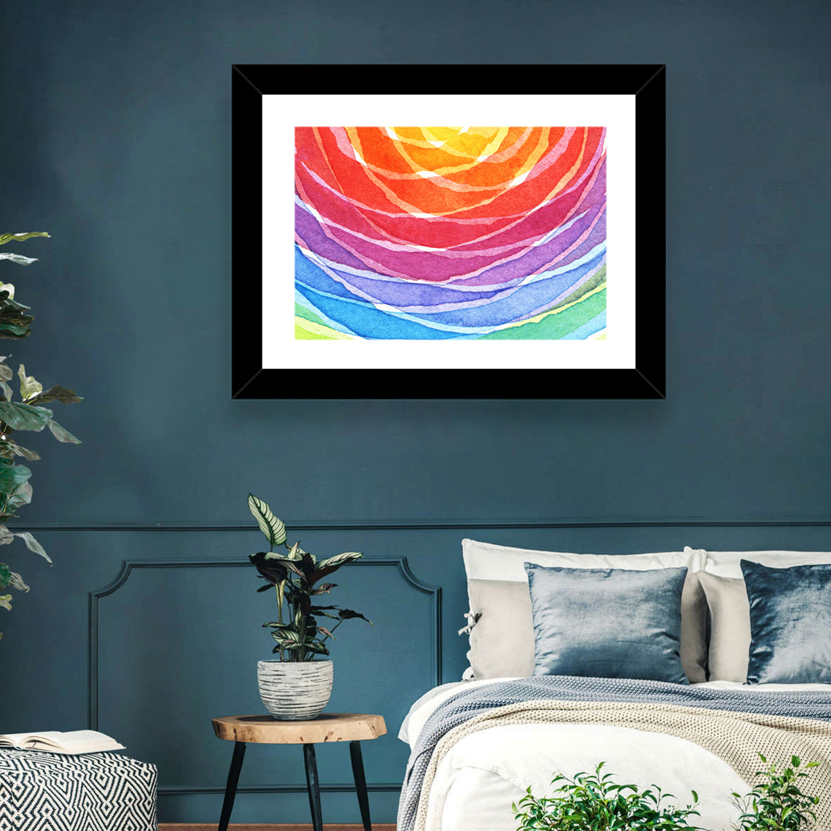 Radiant Rainbow Watercolor Arcs Wall Art in a room, landscape