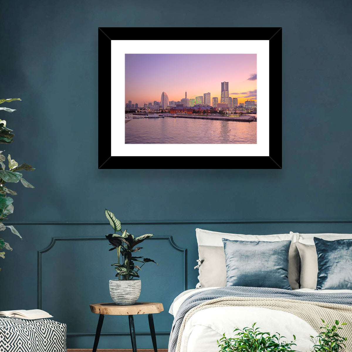 Yokohama Harbor Twilight Wall Art in a room, landscape