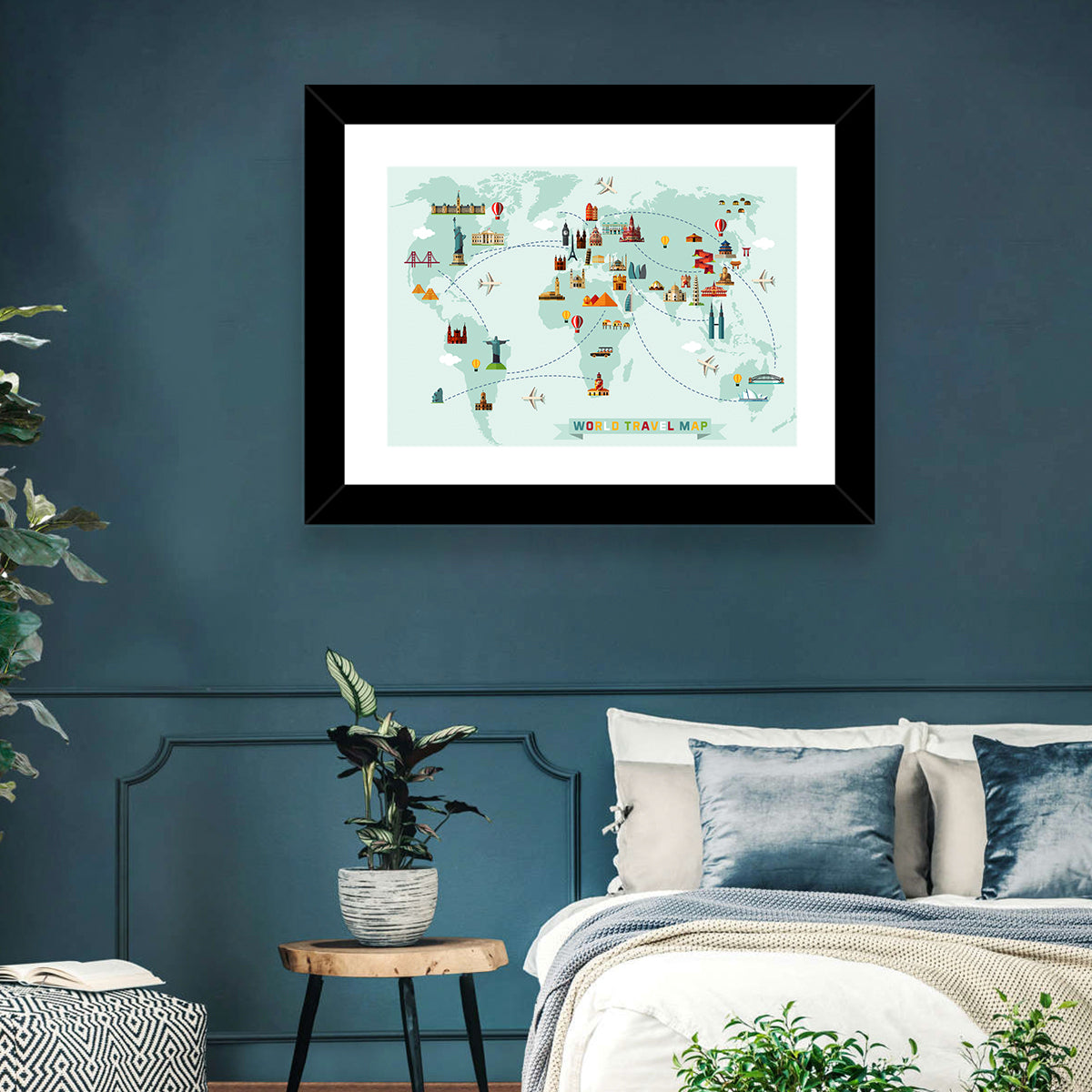 World Travel Map Illustration Wall Art in a room, landscape