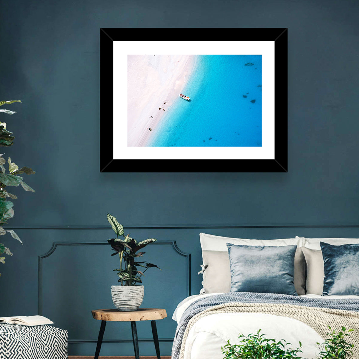 Aerial Beach Bay with White Boat Wall Art in a room, landscape