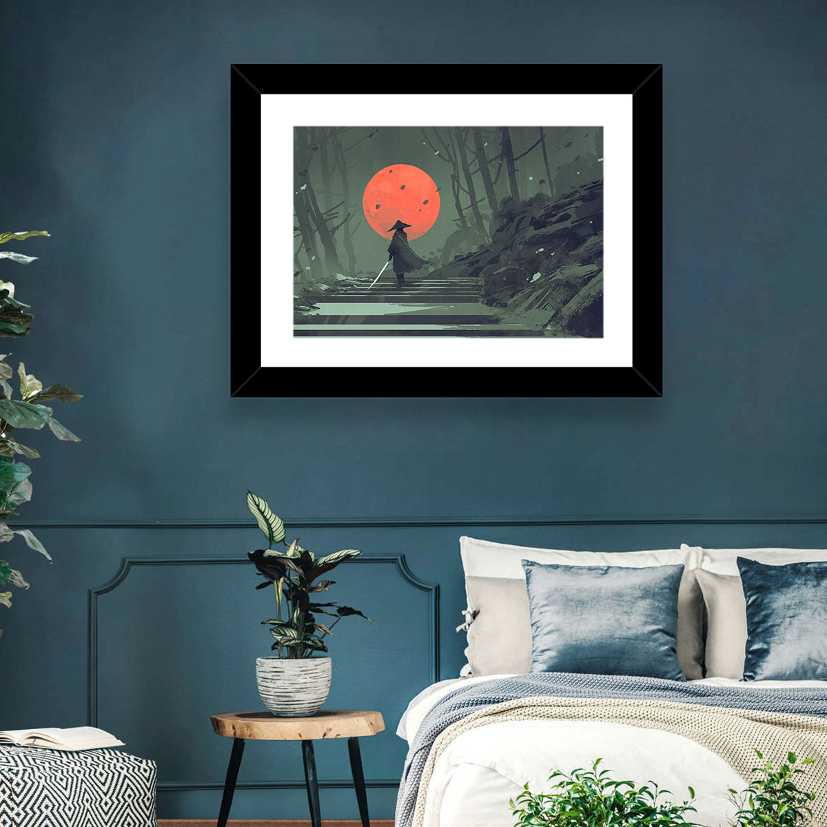 Samurai Under Red Moon Wall Art in a room, landscape