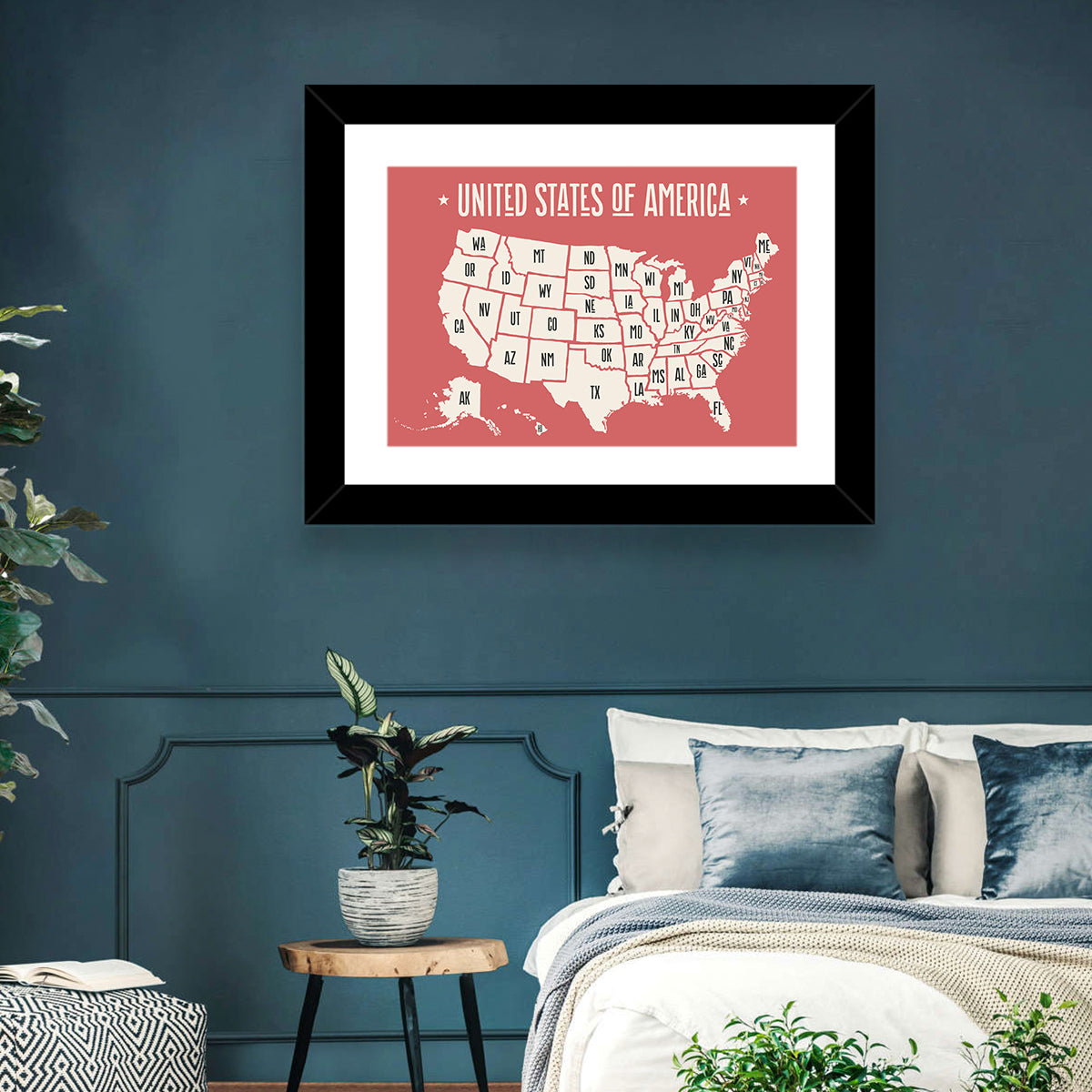United States Map with State Abbreviations Wall Art in a room, landscape