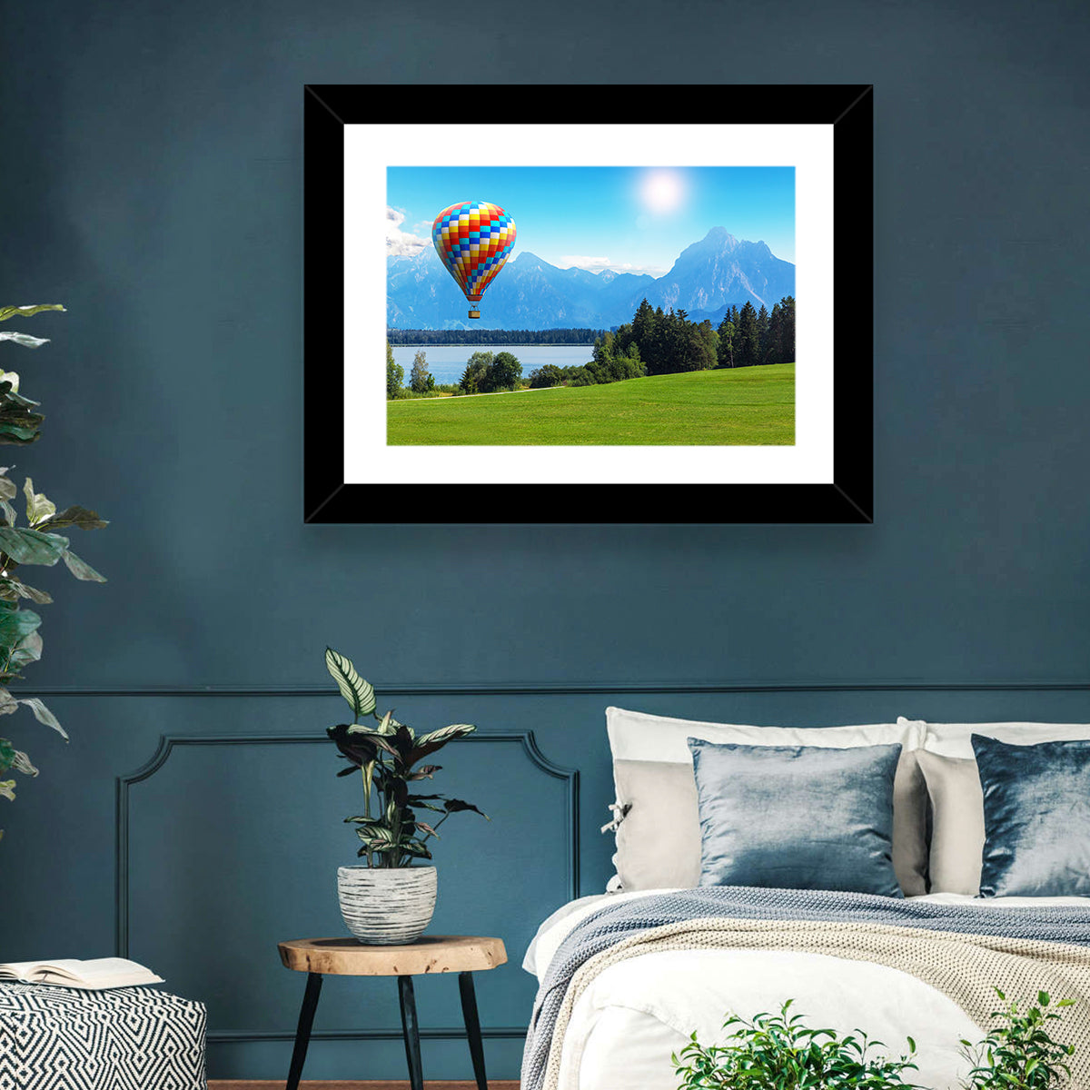 Bavarian Lake with Hot Air Balloon Wall Art in a room, landscape