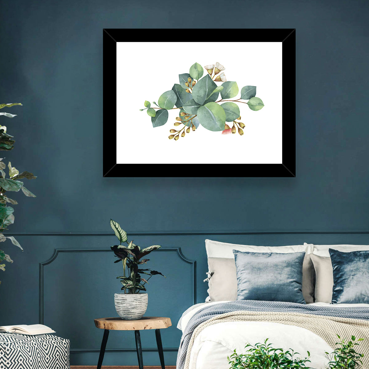 Eucalyptus Leaves with Pink Blossom Wall Art in a room, landscape