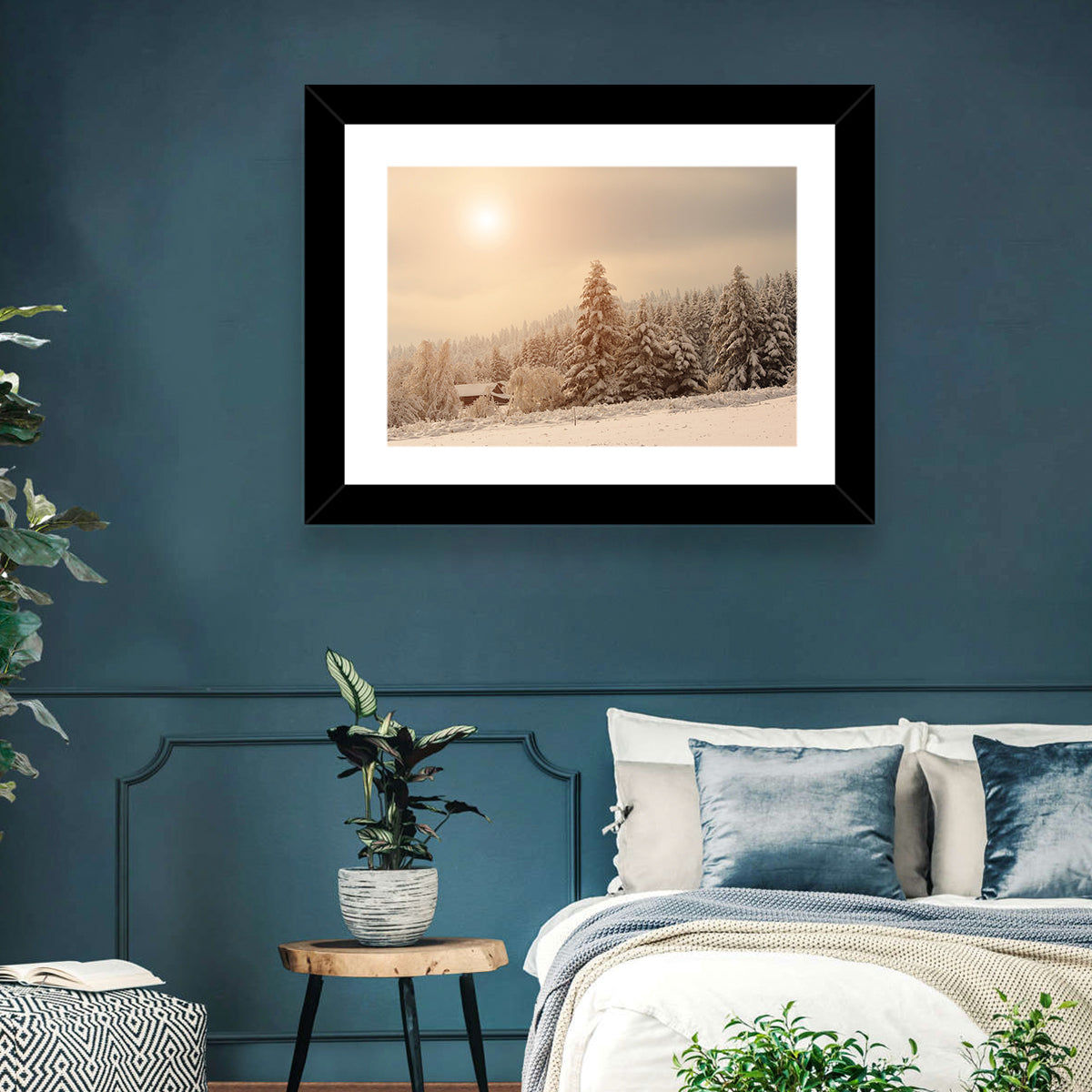 Snowy Pine Forest at Golden Hour Wall Art in a room, landscape