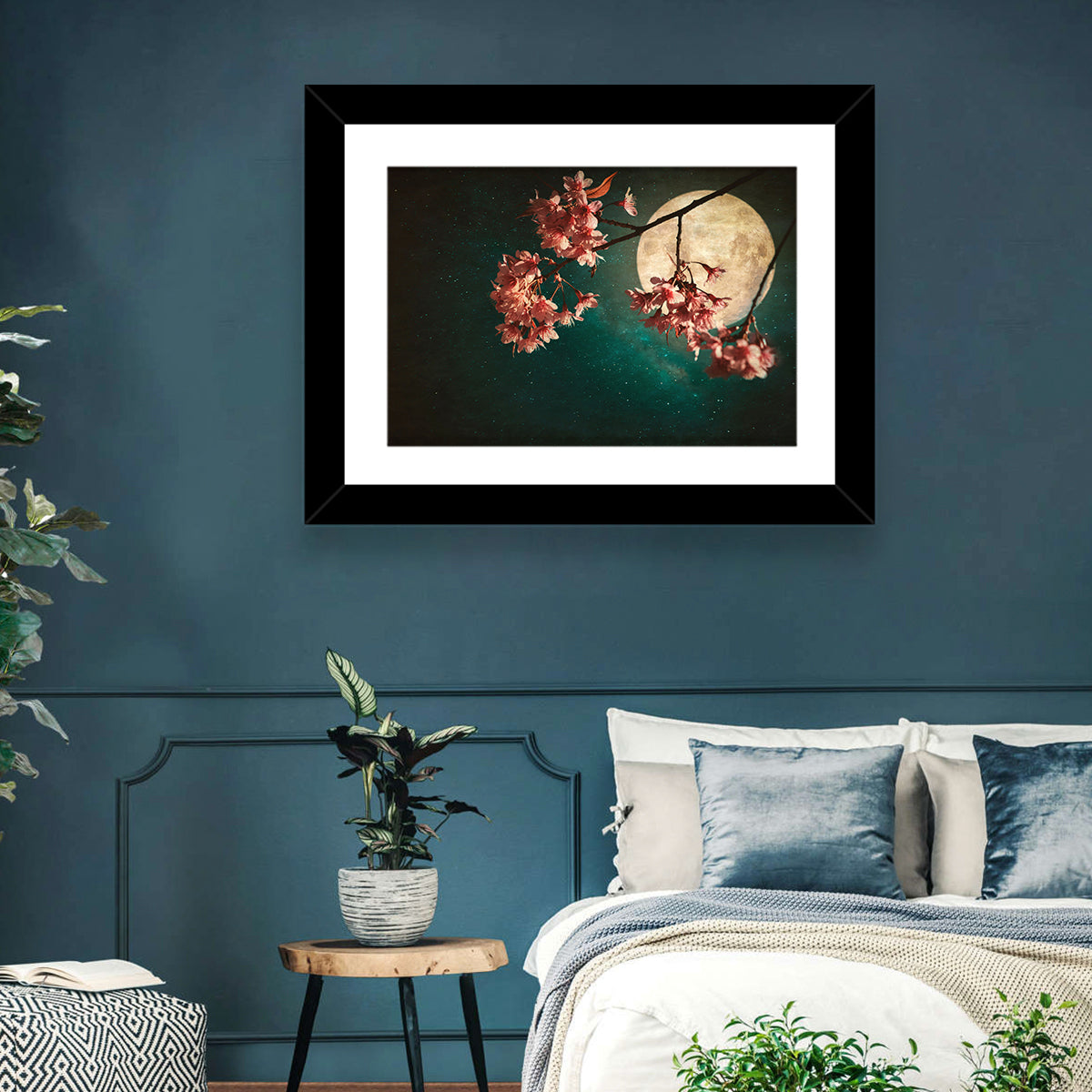 Moonlit Sakura Blossoms Wall Art in a room, landscape