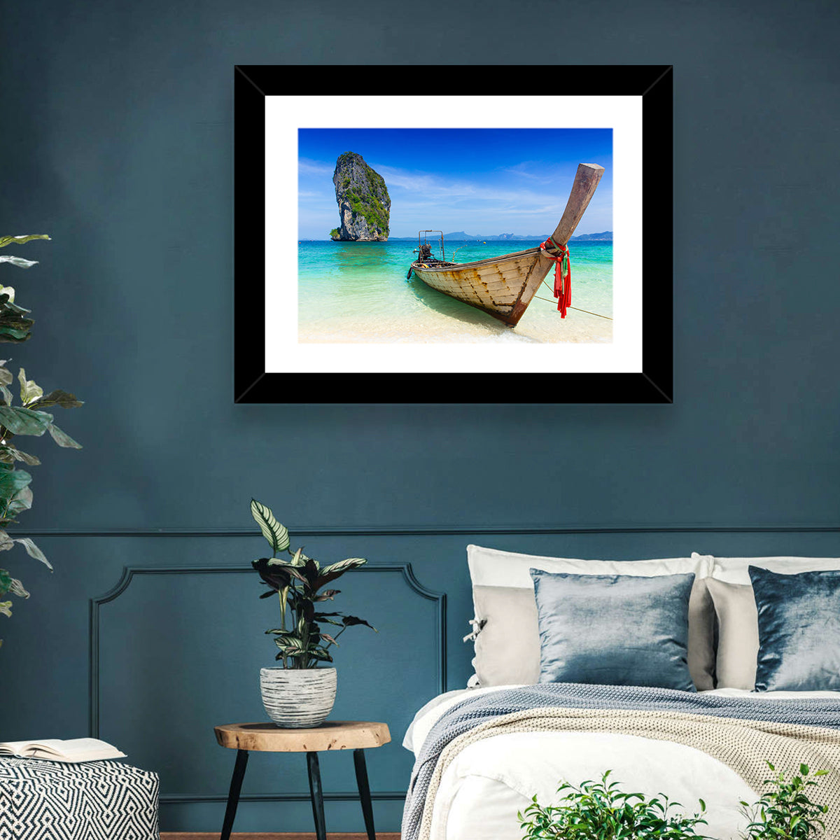 Krabi Longtail Boat Seascape Wall Art in a room, landscape