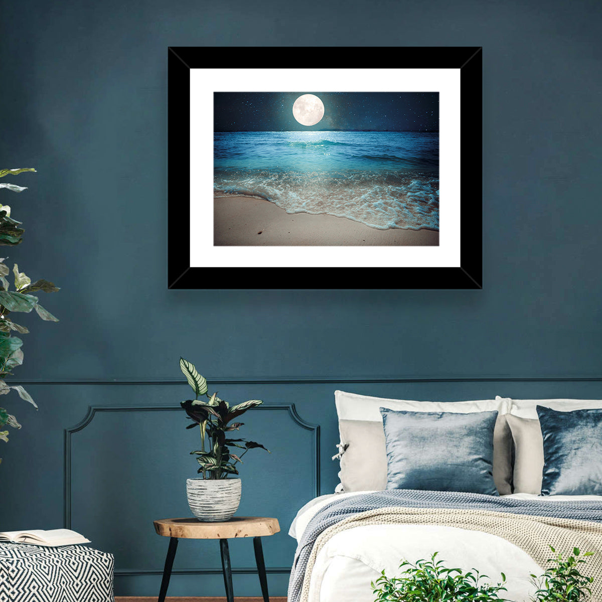 Full Moon Over Beach Wall Art in a room, landscape
