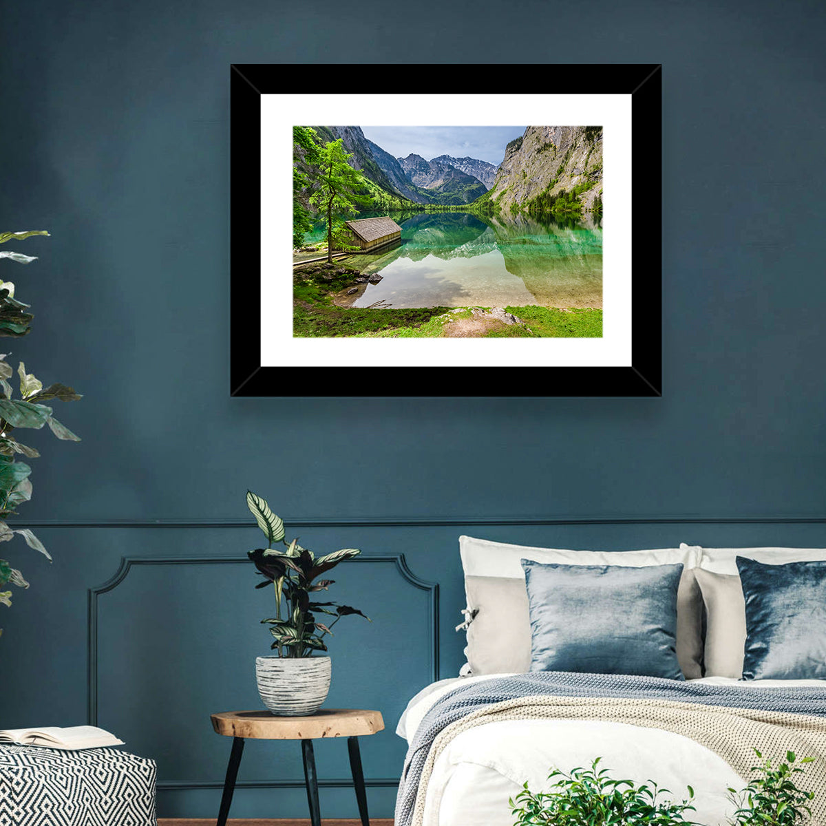 Obersee Boathouse Reflection Wall Art in a room, landscape