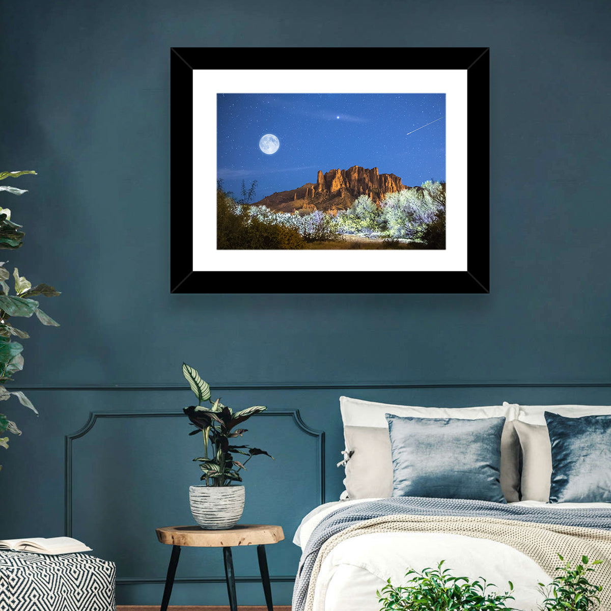 Moonlit Superstition Mountains Arizona Wall Art in a room, landscape