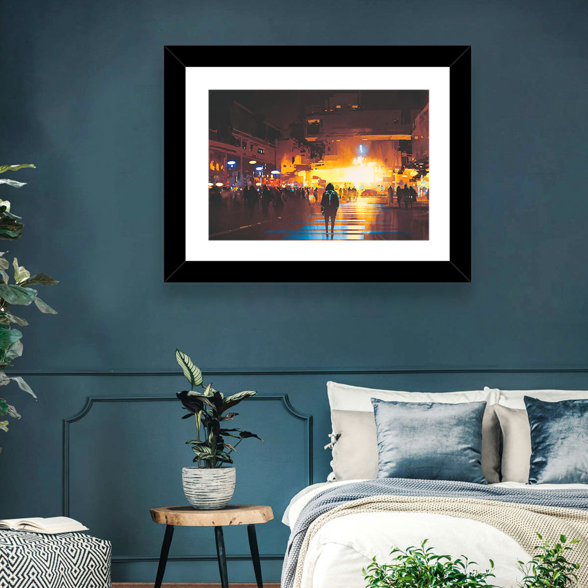 Futuristic Neon Cityscape Wall Art in a room, landscape