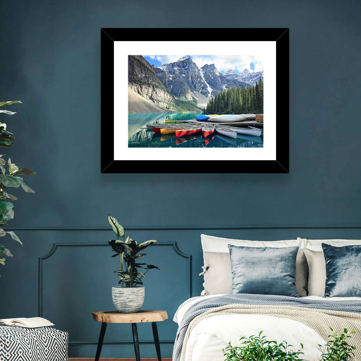 Moraine Lake Canoes at Lake Louise Wall Art in a room, landscape