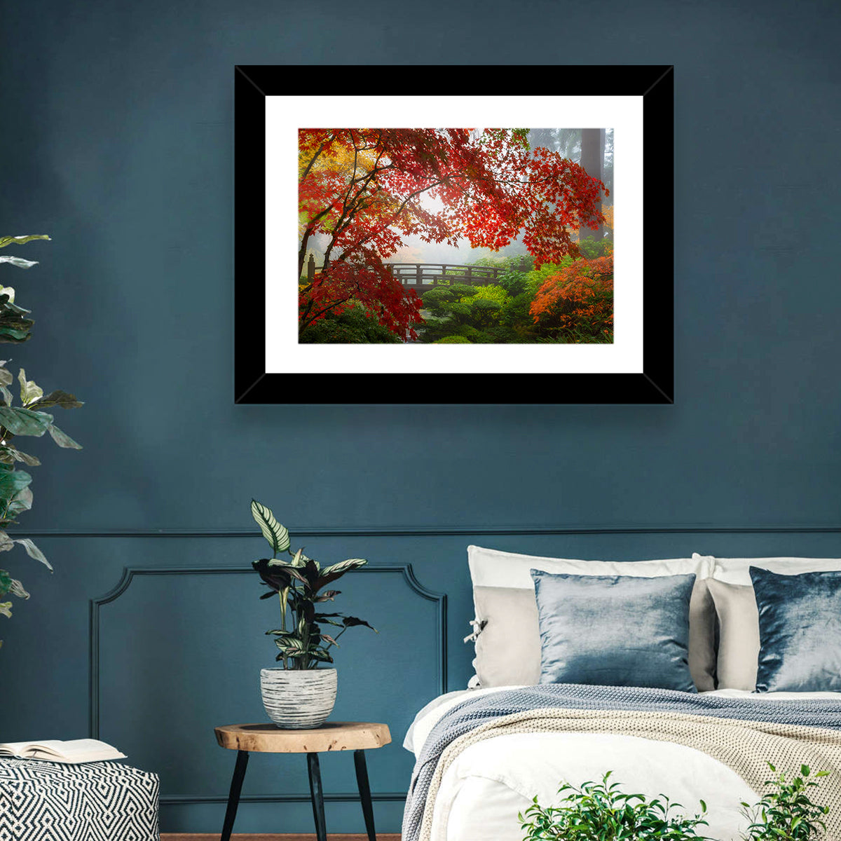 Portland Moon Bridge in Autumn Mist Wall Art in a room, landscape
