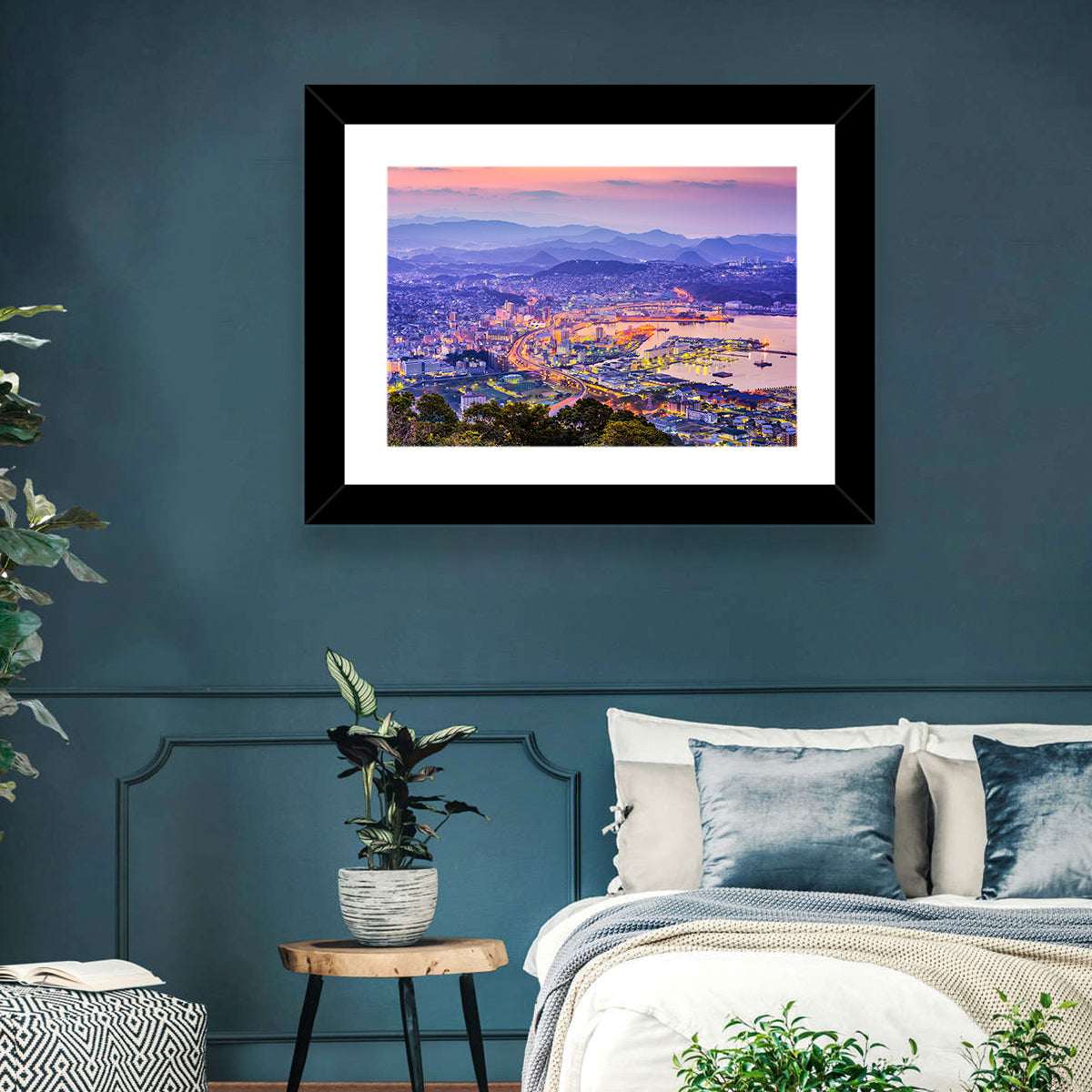 Sasebo Downtown Twilight Harbor Wall Art in a room, landscape