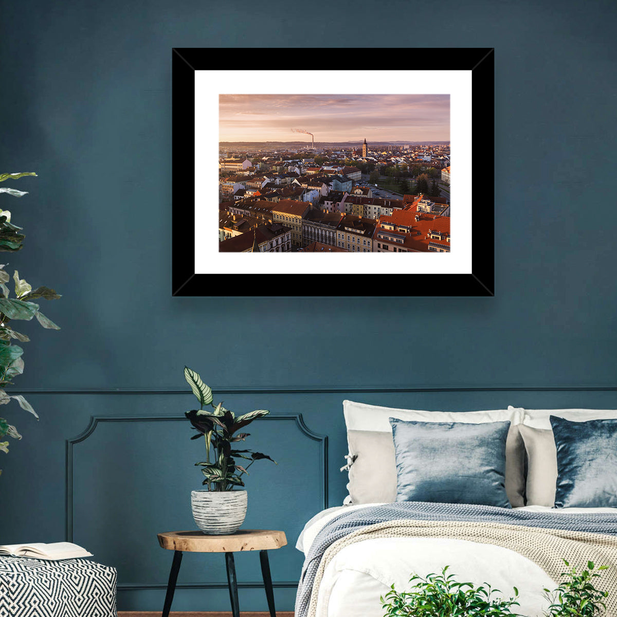 Red Tiled Rooftops at Golden Hour Wall Art in a room, landscape