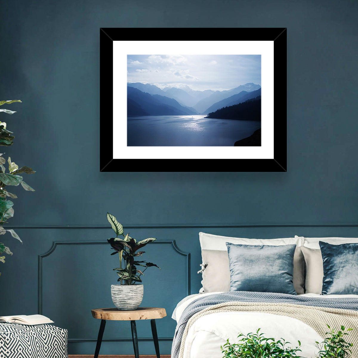 Xinjiang Lakeshore Serenity Wall Art in a room, landscape
