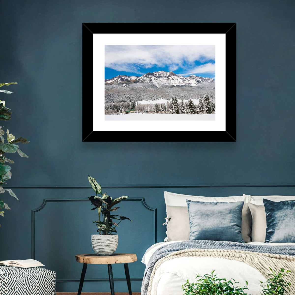 Colorado Snowy Mountain Cabin Wall Art in a room, landscape