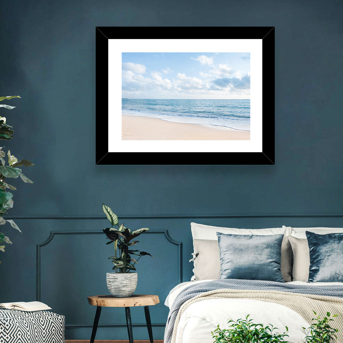 Minimalist Sandy Beach and Gentle Waves Wall Art in a room, landscape