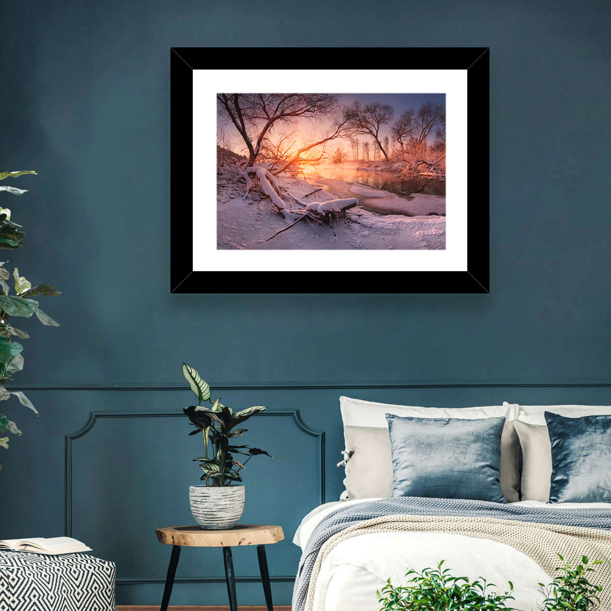 Sunset Over Snowy Forest Lake Wall Art in a room, landscape