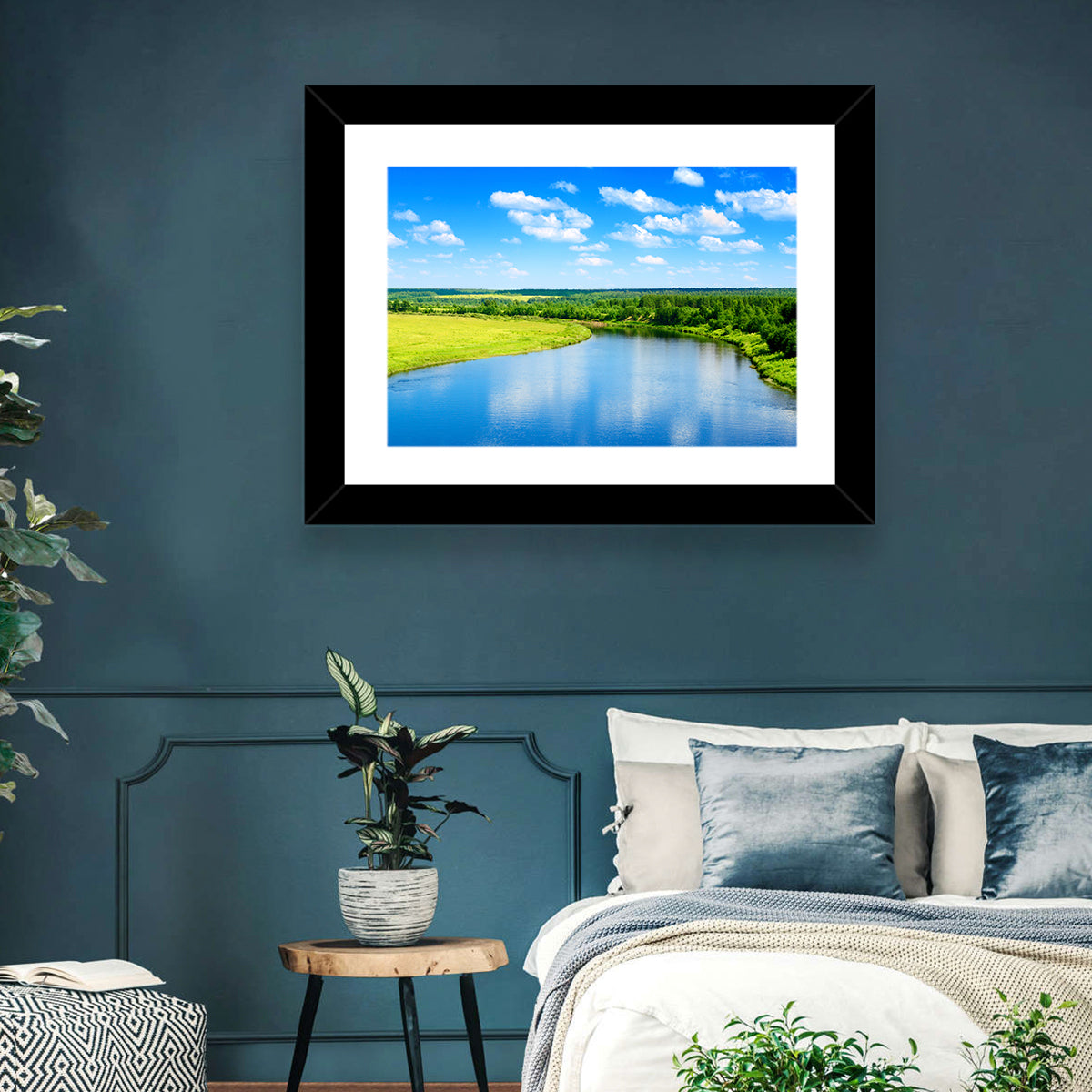 Blue River Meadow Wall Art in a room, landscape