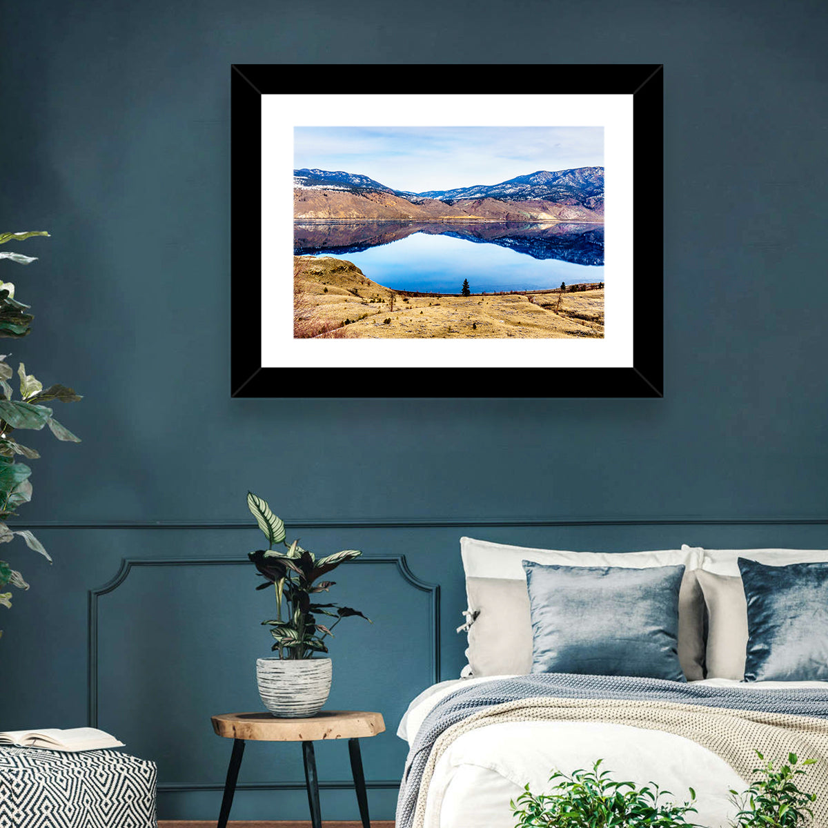 Kamloops Lake Sunset with Snow Capped Peaks Wall Art in a room, landscape