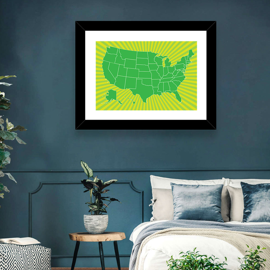 Green Sunburst USA Map Wall Art