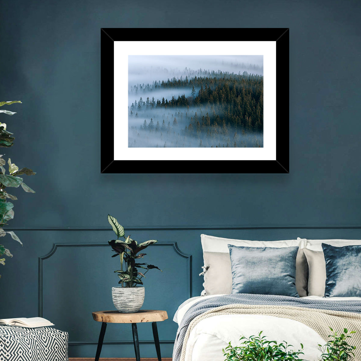 Morning Mist Over Pine Valley Wall Art in a room, landscape