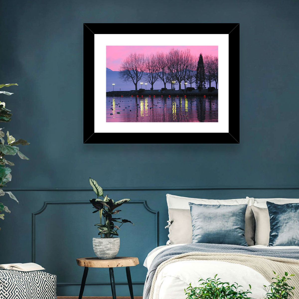 Lake Geneva Twilight Wall Art in a room, landscape