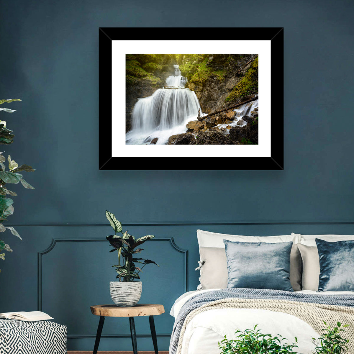 White Cascade Over Mossy Rocks Wall Art in a room, landscape