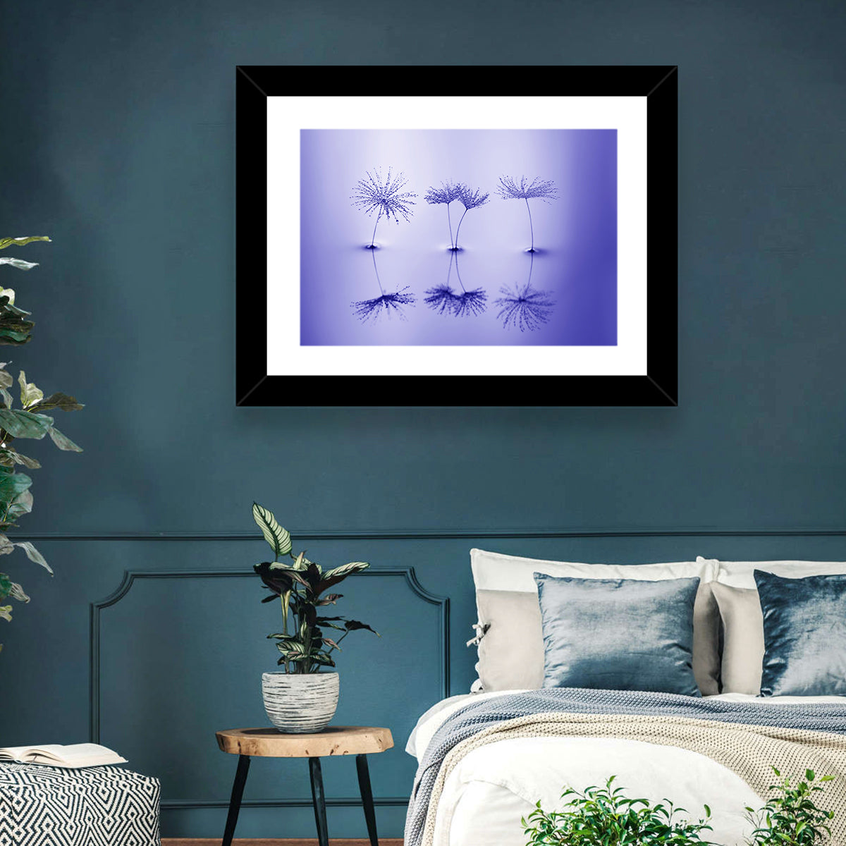 Blue Dandelion Seeds with Reflections Wall Art in a room, landscape