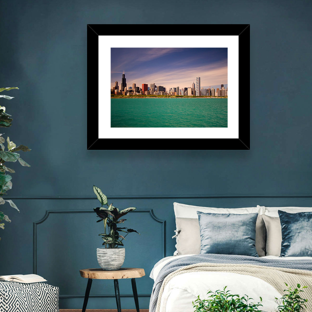 Chicago Skyline Above Lake Michigan Wall Art in a room, landscape