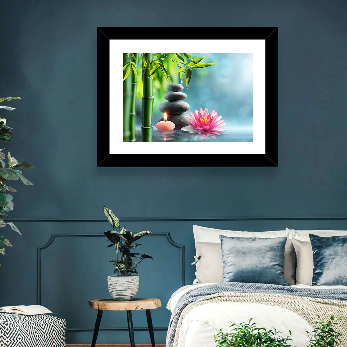 Zen Massage Stones with Waterlily Wall Art in a room, landscape