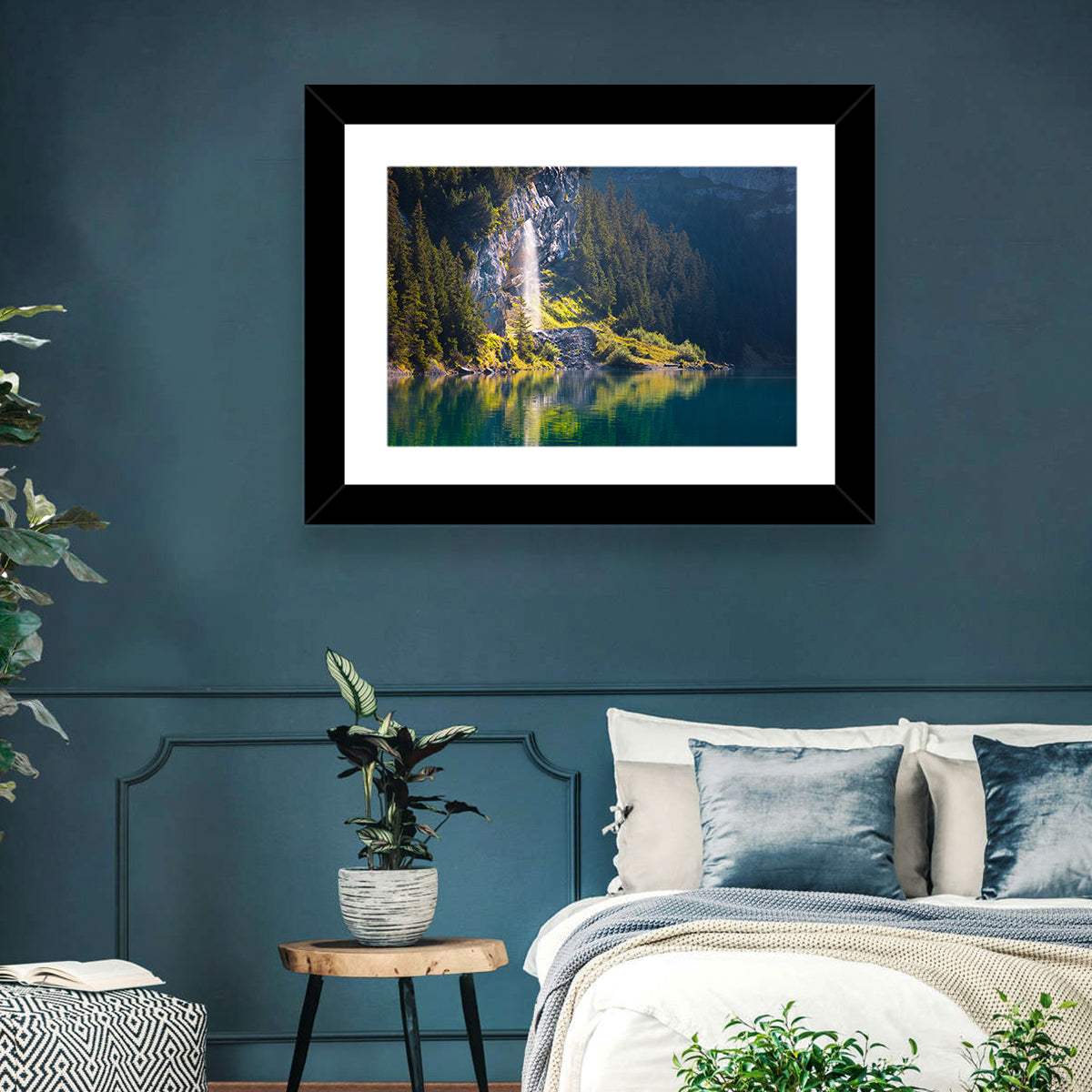 Lake Oeschinen Waterfall Reflection Wall Art in a room, landscape