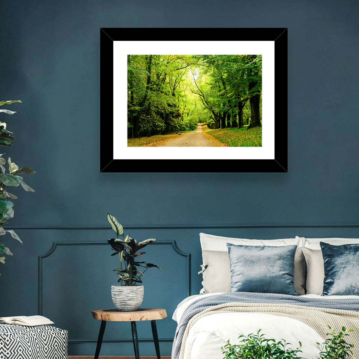 Sunlit Forest Pathway Wall Art in a room, landscape