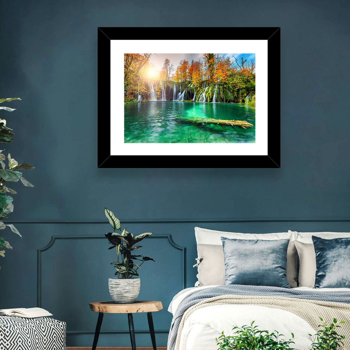 Autumn Waterfalls at Plitvice Lakes Wall Art in a room, landscape