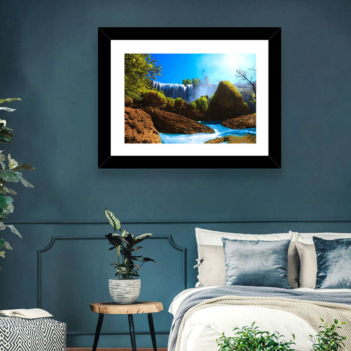 Sunlit Turquoise Waterfall Wall Art in a room, landscape