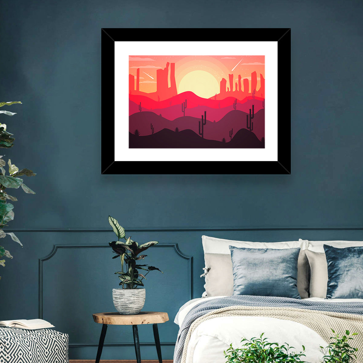 Sunset Desert Cacti Wall Art in a room, landscape