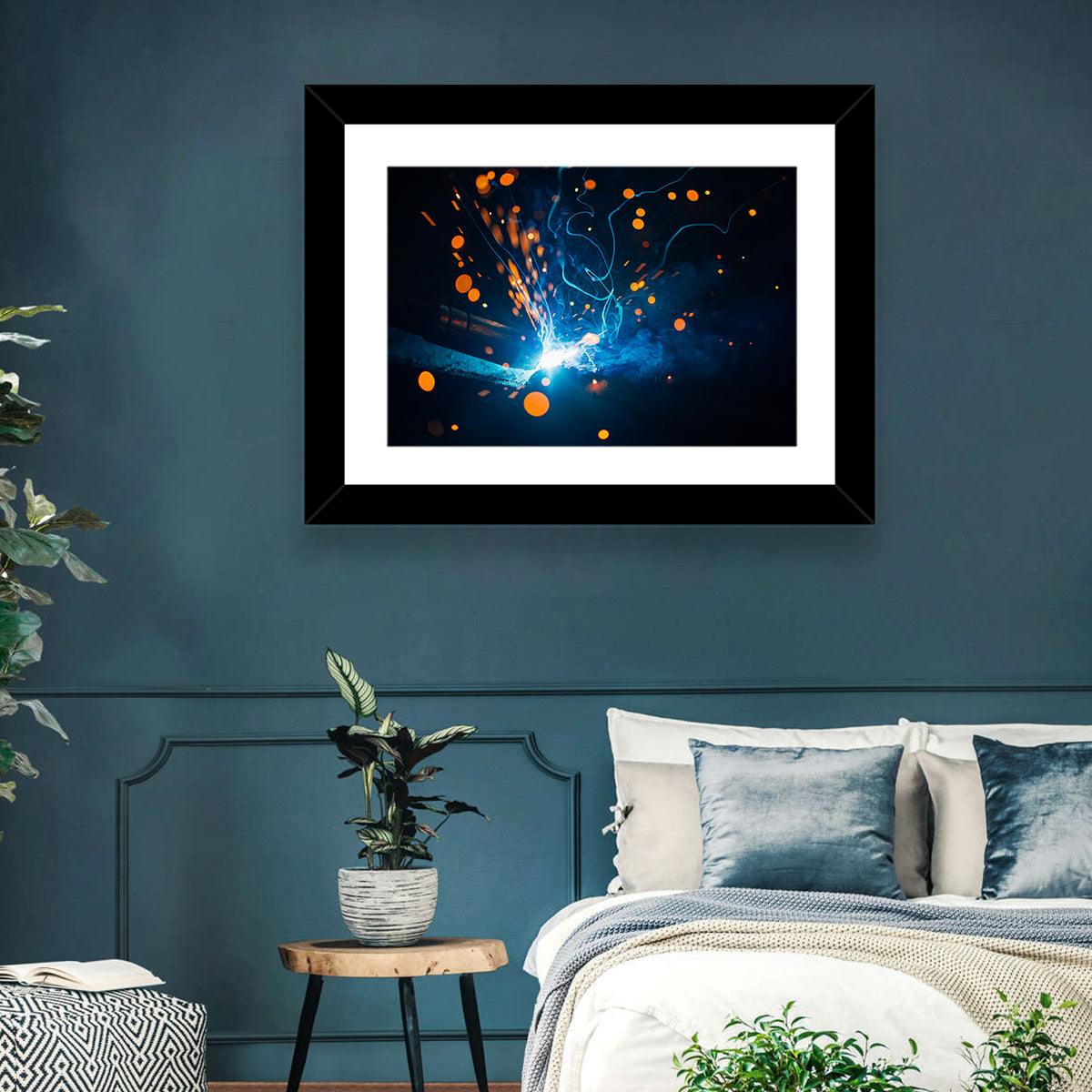 Bright Blue Welding Sparks Wall Art in a room, landscape