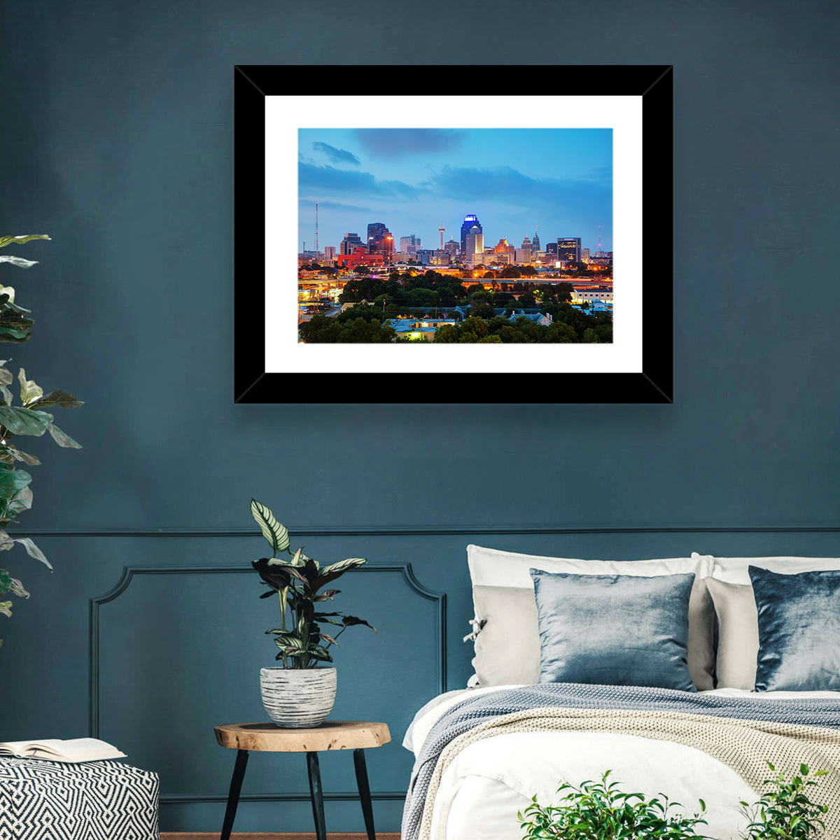 San Antonio Skyline at Dusk Wall Art in a room, landscape