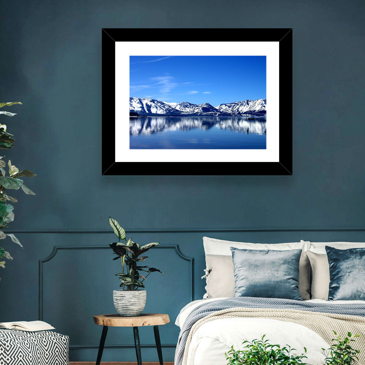 Lake Tahoe Mountain Reflection Wall Art in a room, landscape