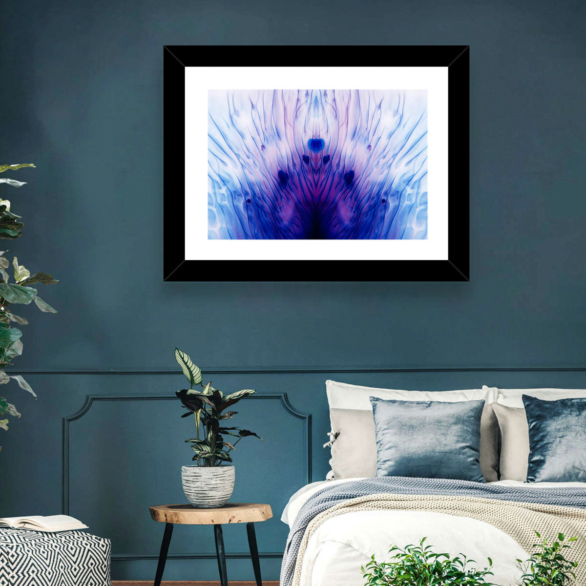 Mirrored Ink Splotch Abstract Wall Art in a room, landscape