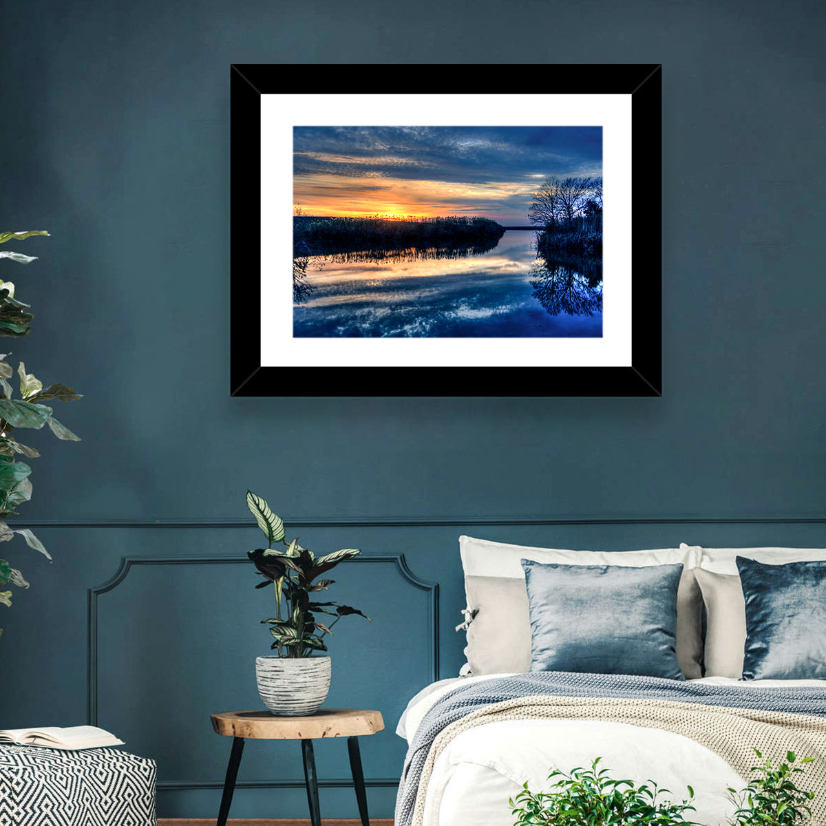 Louisiana Bayou Sunset Wall Art in a room, landscape