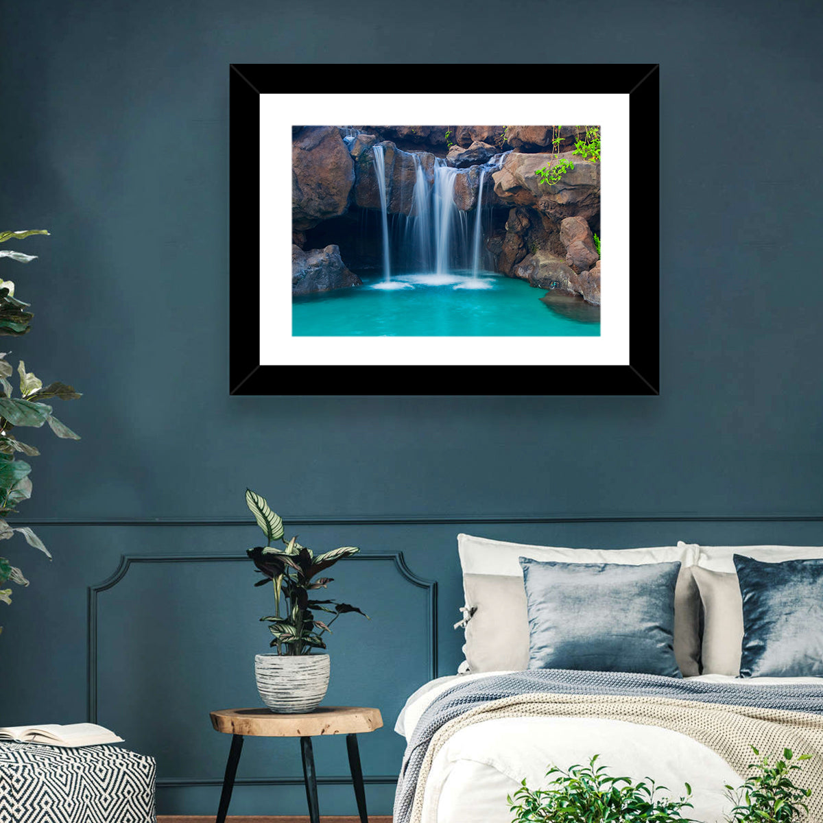 Waterfall Into Turquoise Pool Wall Art in a room, landscape