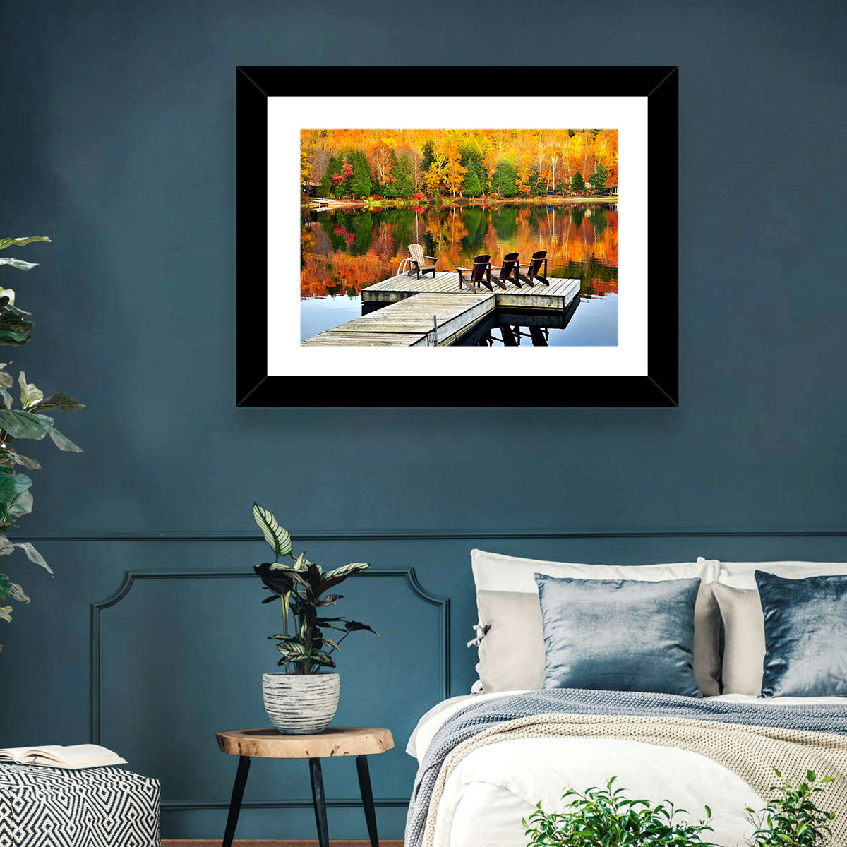 Autumn Lake Dock with Adirondack Chairs Wall Art in a room, landscape