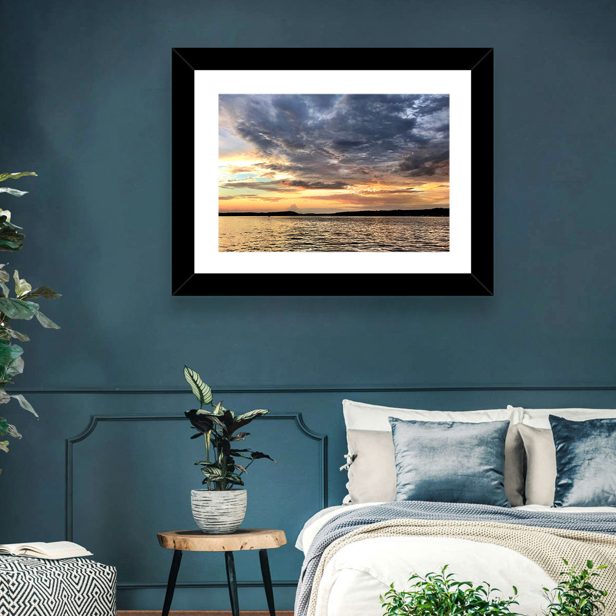 Lake Tillery Sunset Wall Art in a room, landscape