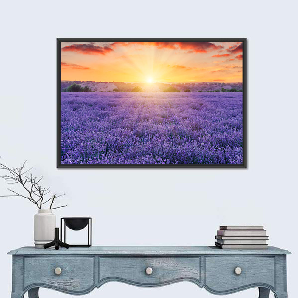 Lavender Field Sunburst Wall Art in a room, landscape